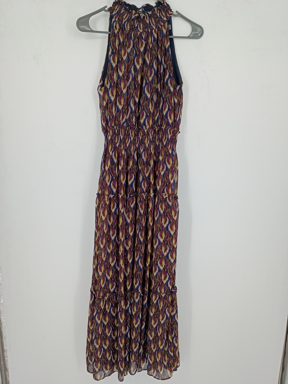 Taylor Navy, Purple & Gold Patterned Halter Maxi Dress With Ruffle Hem Sz 2